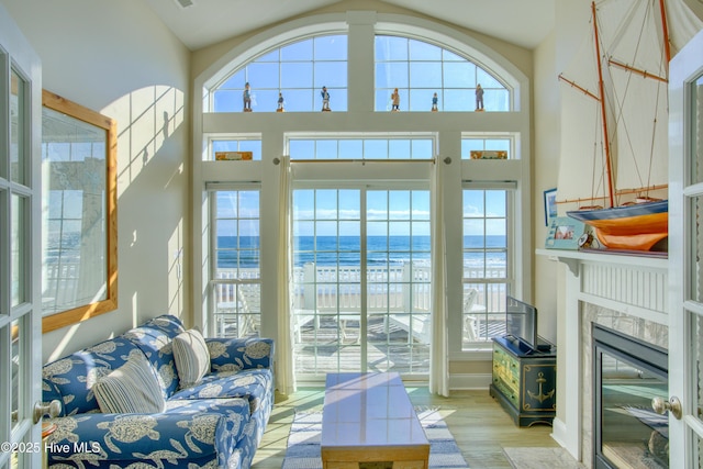 living area featuring a high ceiling, a premium fireplace, and wood finished floors