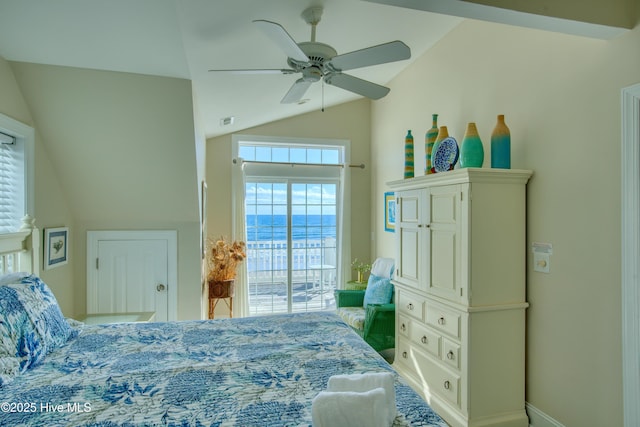 bedroom with lofted ceiling, ceiling fan, and visible vents