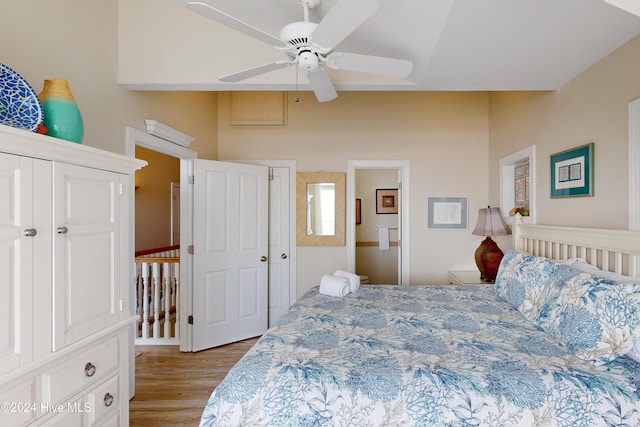 bedroom with ceiling fan and wood finished floors