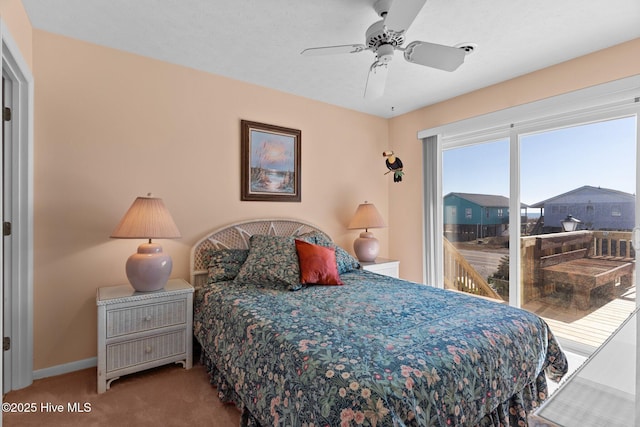 bedroom featuring ceiling fan and light carpet