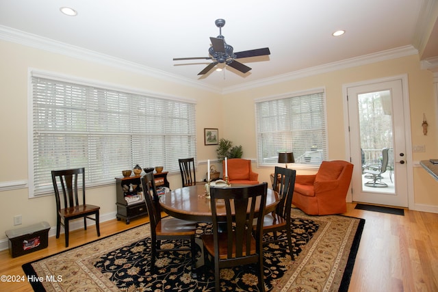 dining room featuring ceiling fan, light hardwood / wood-style floors, and crown molding