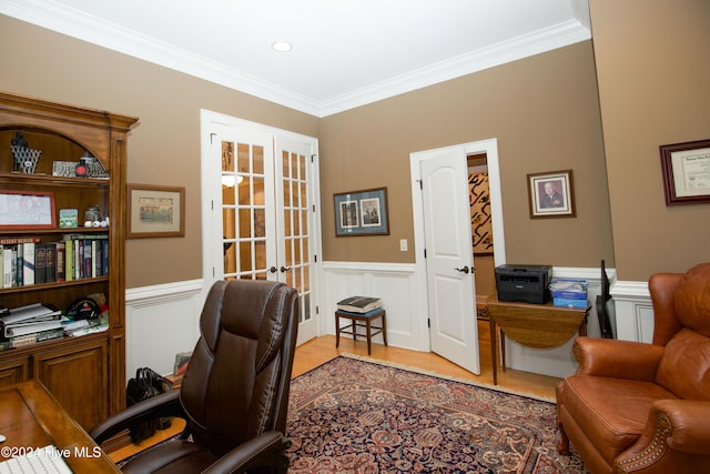 office space with french doors, wood-type flooring, and ornamental molding