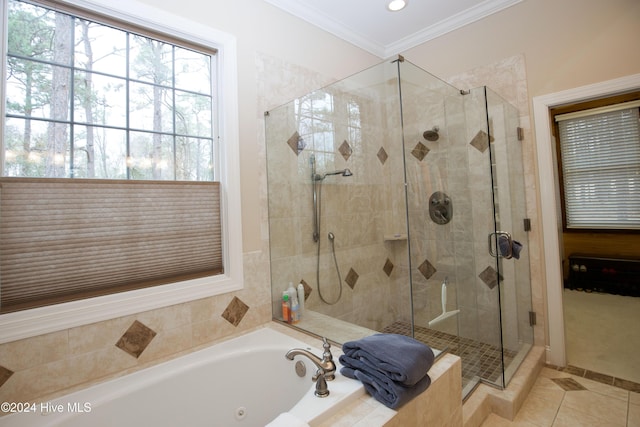 bathroom featuring tile patterned flooring, plus walk in shower, and ornamental molding