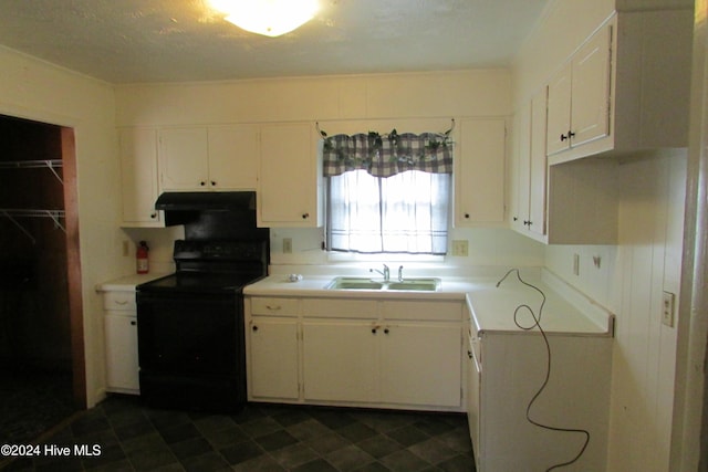 kitchen featuring white cabinetry, electric range, sink, and a textured ceiling