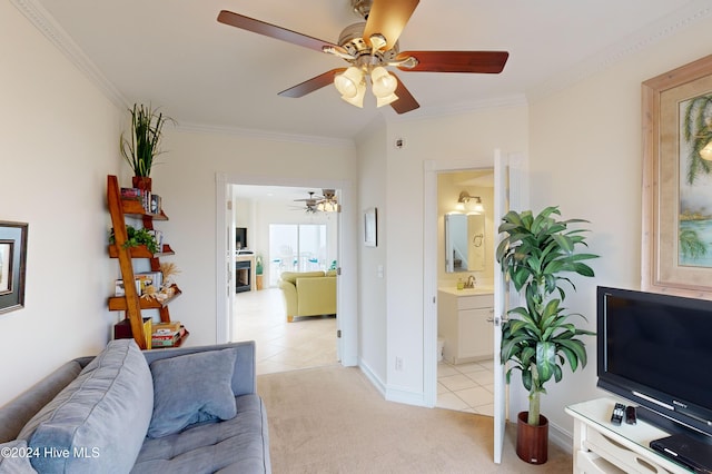 carpeted living room with sink and crown molding