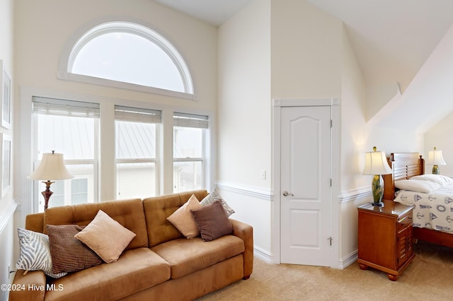 carpeted living room featuring high vaulted ceiling