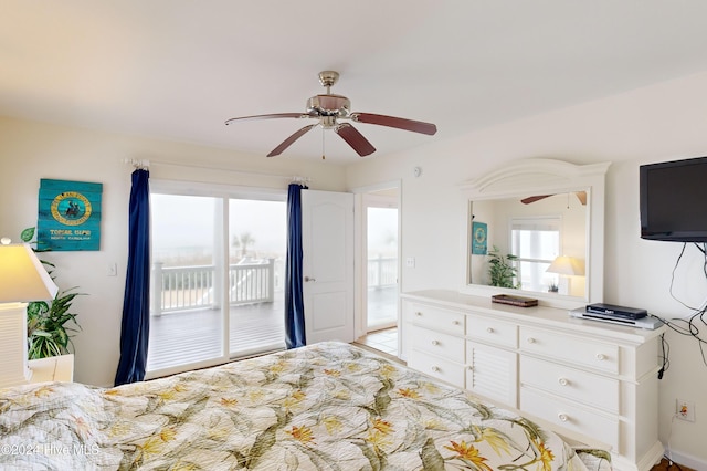 bedroom featuring access to exterior and ceiling fan