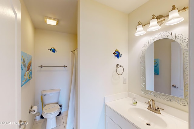 bathroom featuring tile patterned flooring, vanity, toilet, and a shower with shower curtain