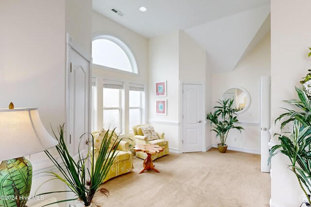 sitting room featuring light carpet and high vaulted ceiling