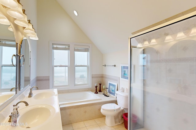 bathroom featuring tile patterned floors, a wealth of natural light, and lofted ceiling