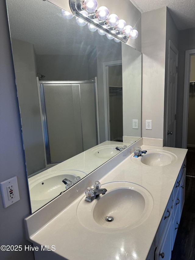 bathroom with vanity, a shower with shower door, and a textured ceiling