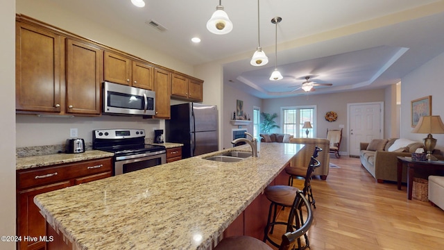 kitchen with stainless steel appliances, a tray ceiling, sink, pendant lighting, and light hardwood / wood-style flooring