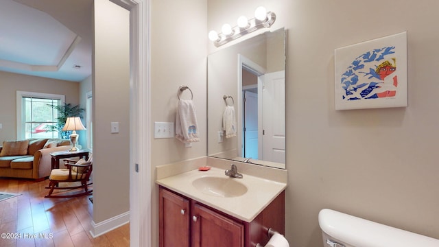 bathroom with hardwood / wood-style floors, vanity, and toilet