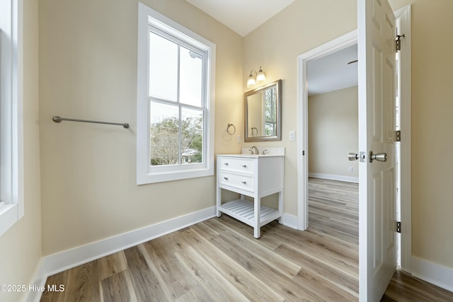 bathroom featuring vanity and hardwood / wood-style floors