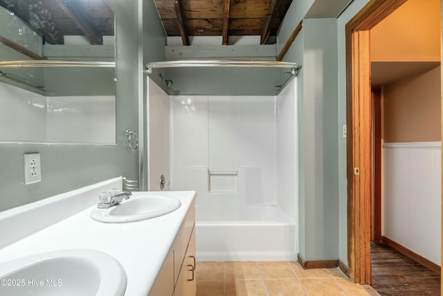 bathroom featuring vanity, tile patterned floors, and washtub / shower combination