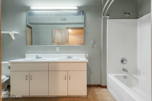 full bathroom featuring tile patterned flooring, shower / tub combination, vanity, and toilet