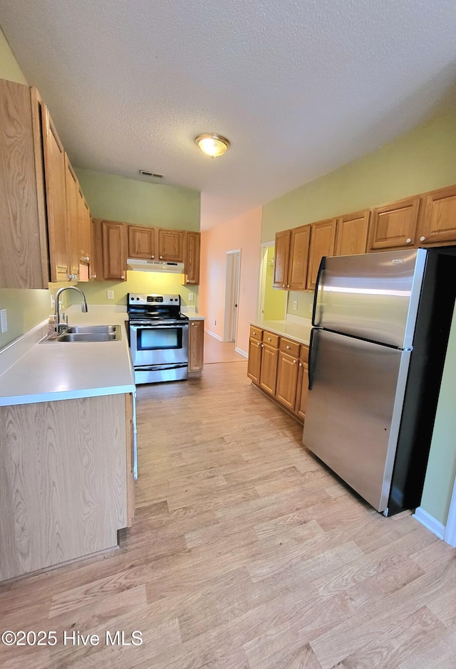 kitchen with sink, light wood-type flooring, a textured ceiling, and appliances with stainless steel finishes