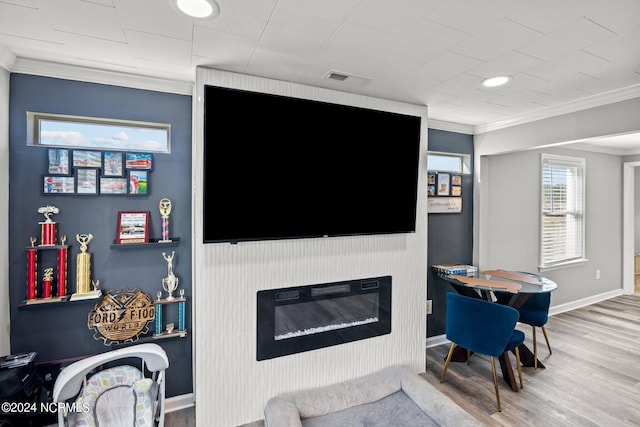 living room featuring hardwood / wood-style flooring, a large fireplace, and ornamental molding