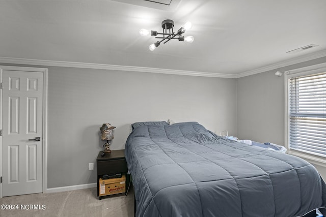 carpeted bedroom featuring ornamental molding