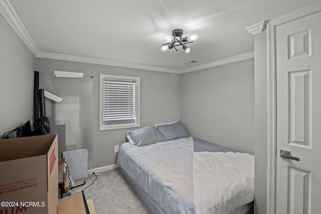 bedroom featuring a notable chandelier, light colored carpet, and crown molding