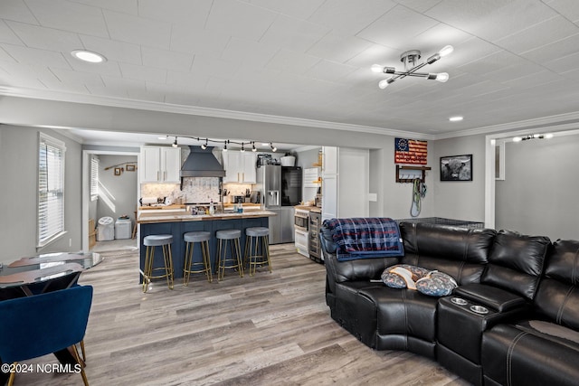 living room with light hardwood / wood-style flooring and ornamental molding