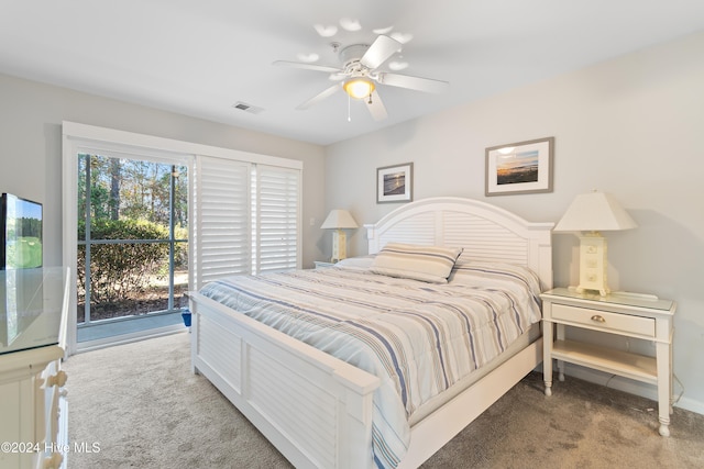 carpeted bedroom featuring access to outside and ceiling fan