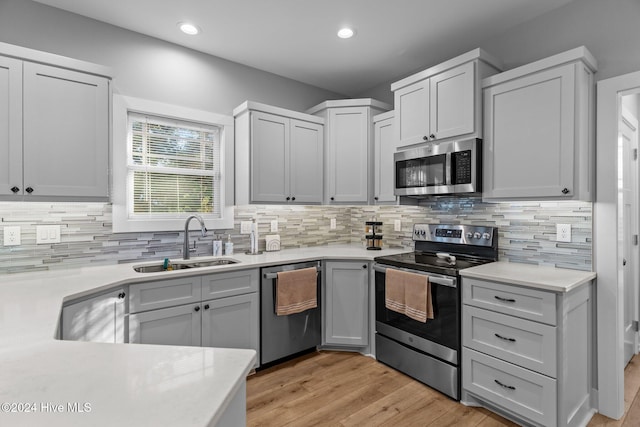 kitchen featuring backsplash, sink, stainless steel appliances, and light hardwood / wood-style floors