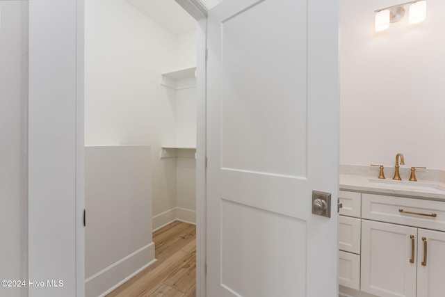 bathroom with hardwood / wood-style floors and vanity