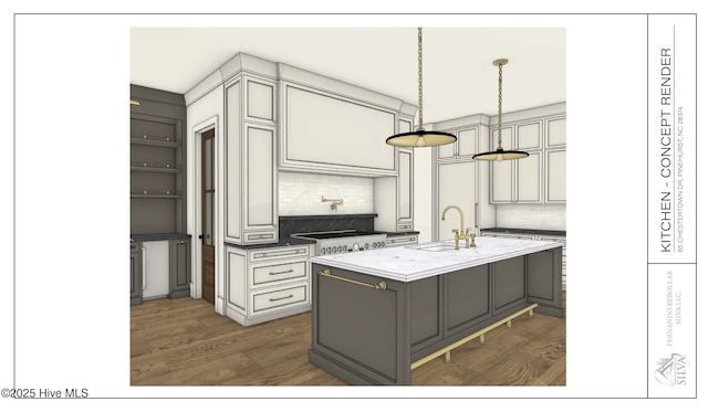 kitchen featuring a sink, gray cabinets, tasteful backsplash, a kitchen island with sink, and dark wood-style flooring