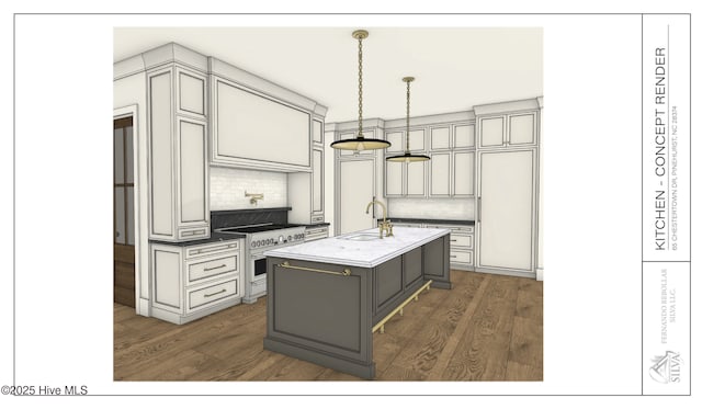 kitchen with a sink, high end white range, backsplash, and dark wood-style floors