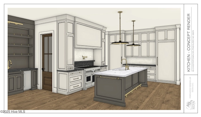kitchen featuring double oven range, a sink, gray cabinetry, and tasteful backsplash