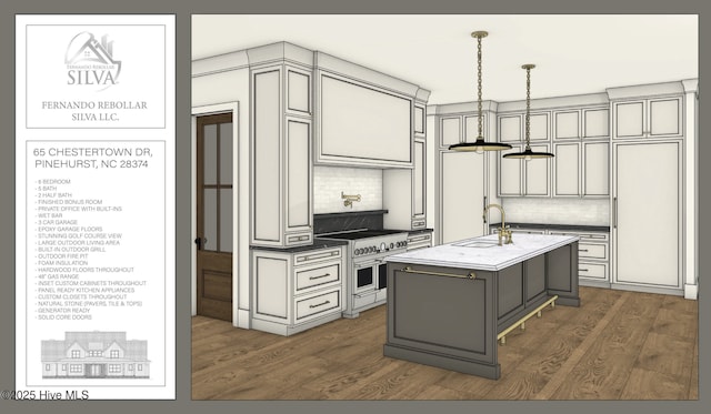kitchen with double oven range, a sink, backsplash, and dark wood-type flooring