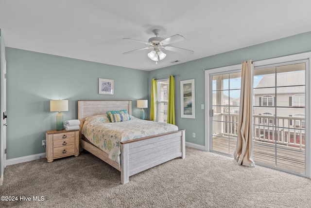 carpeted bedroom with access to exterior and ceiling fan