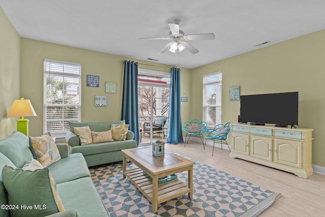 living room featuring plenty of natural light, light hardwood / wood-style floors, and ceiling fan