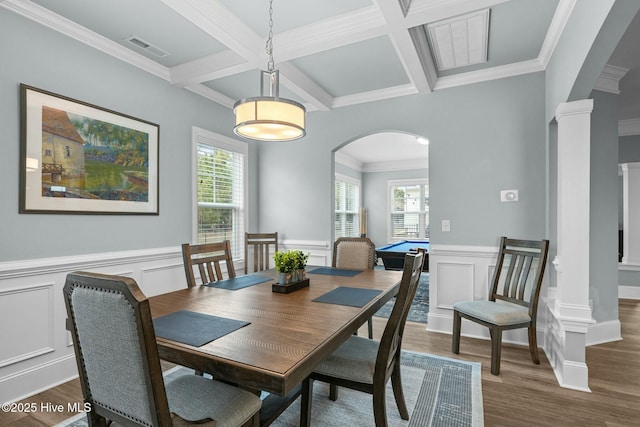 dining room featuring billiards, beamed ceiling, crown molding, dark hardwood / wood-style flooring, and coffered ceiling