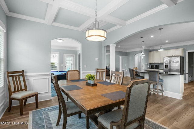 dining area featuring beam ceiling, coffered ceiling, billiards, and ornamental molding