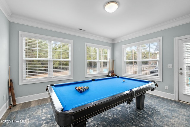 playroom featuring dark wood-type flooring, billiards, and crown molding