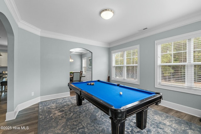 playroom featuring billiards, crown molding, and dark hardwood / wood-style floors