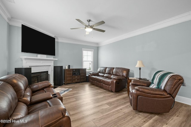 living room with ceiling fan, light hardwood / wood-style flooring, and crown molding