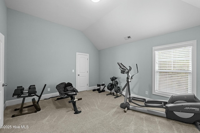 workout room with lofted ceiling and carpet flooring