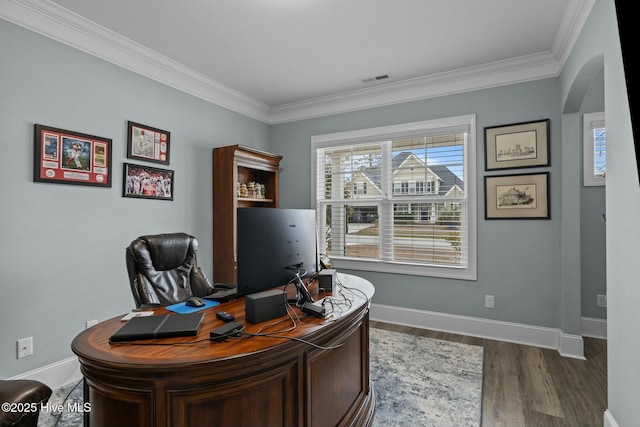 office space with crown molding and dark hardwood / wood-style floors