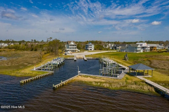 view of dock with a water view and a gazebo