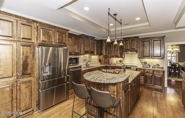 kitchen with a center island with sink, sink, a tray ceiling, stainless steel appliances, and light stone counters