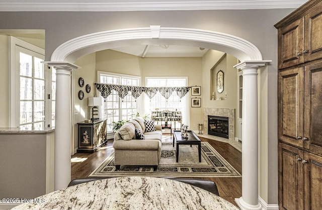 living room with wood-type flooring, a tile fireplace, and ornamental molding