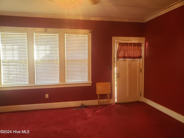 unfurnished room with crown molding and carpet floors