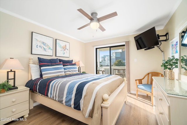 bedroom with access to exterior, ceiling fan, crown molding, and light wood-type flooring