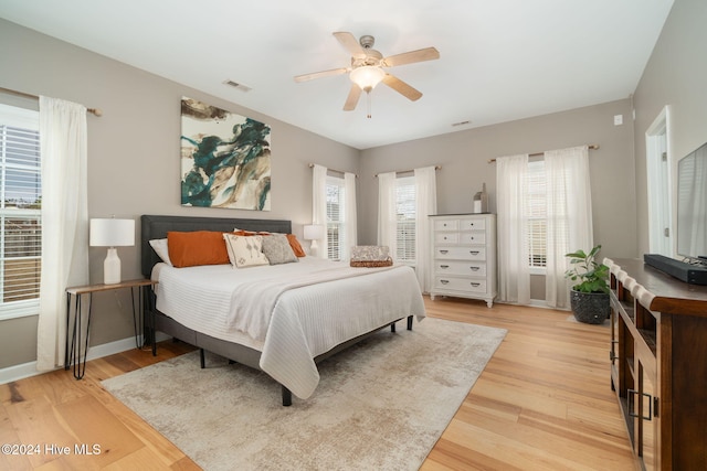 bedroom featuring ceiling fan and light hardwood / wood-style floors