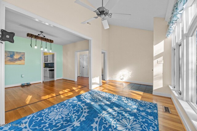 kitchen with appliances with stainless steel finishes, gray cabinets, ceiling fan, and a healthy amount of sunlight