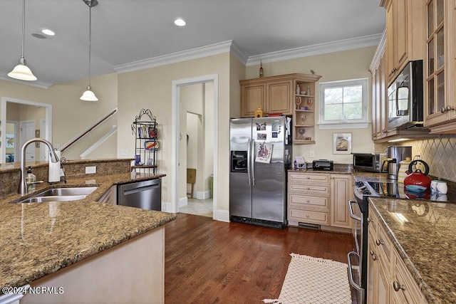 kitchen with stainless steel appliances, hanging light fixtures, crown molding, and sink