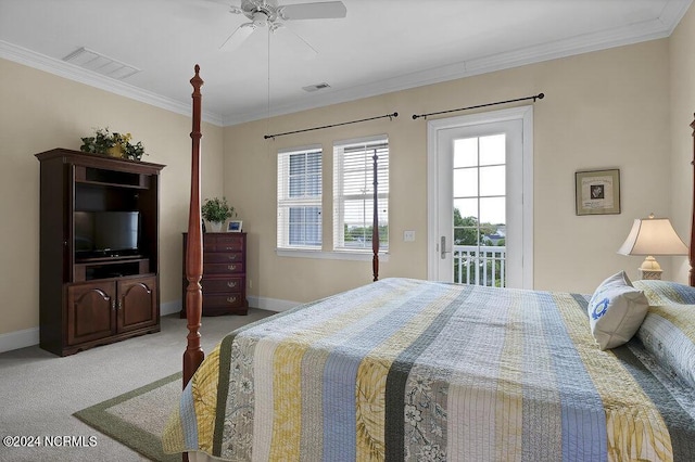 bedroom featuring access to exterior, ceiling fan, light carpet, and ornamental molding